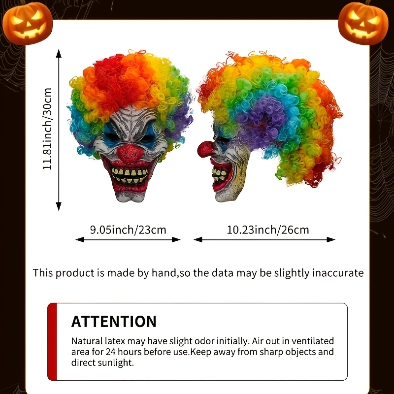 Premium Evil Clown Latex Mask with Rainbow Wig, Creepy Jester Prop